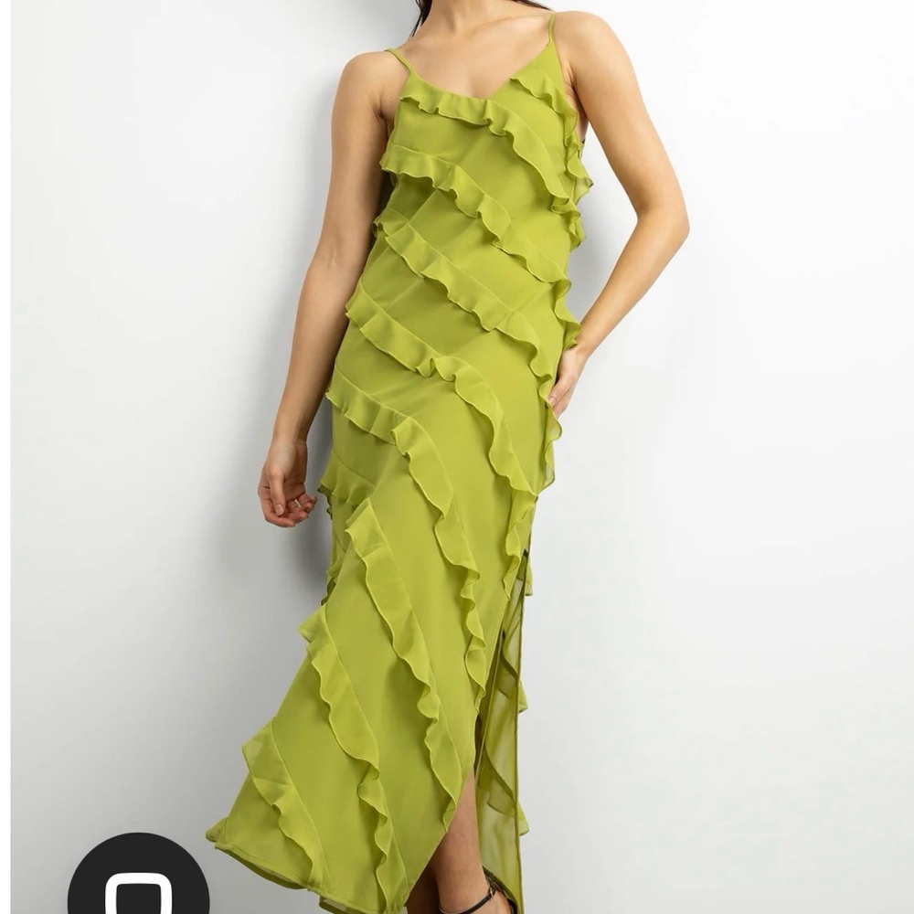 OAK + FORT Lime Green Asymmetrical Ruffle Slip Dress